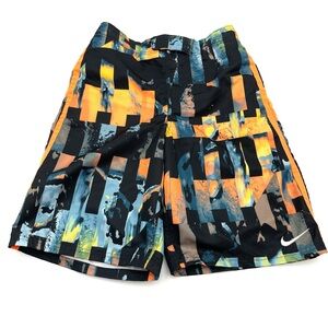 Nike Orange Swim Trunks with Blue & Black Print Large